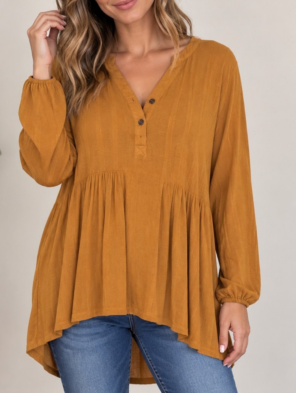 Mustard Long-Sleeve Peasant Blouse - Women Tops PM